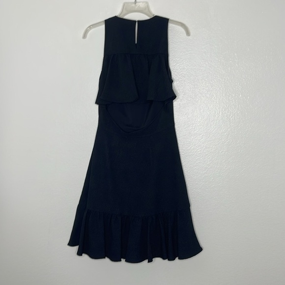 REBECCA TAYLOR Dress Size 4 Textured Stretch Woven Ruffle Cut Out Back Navy - Picture 5 of 9